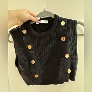 Zara Black Ribbed Knit Sleeveless Vest with Crew Neck